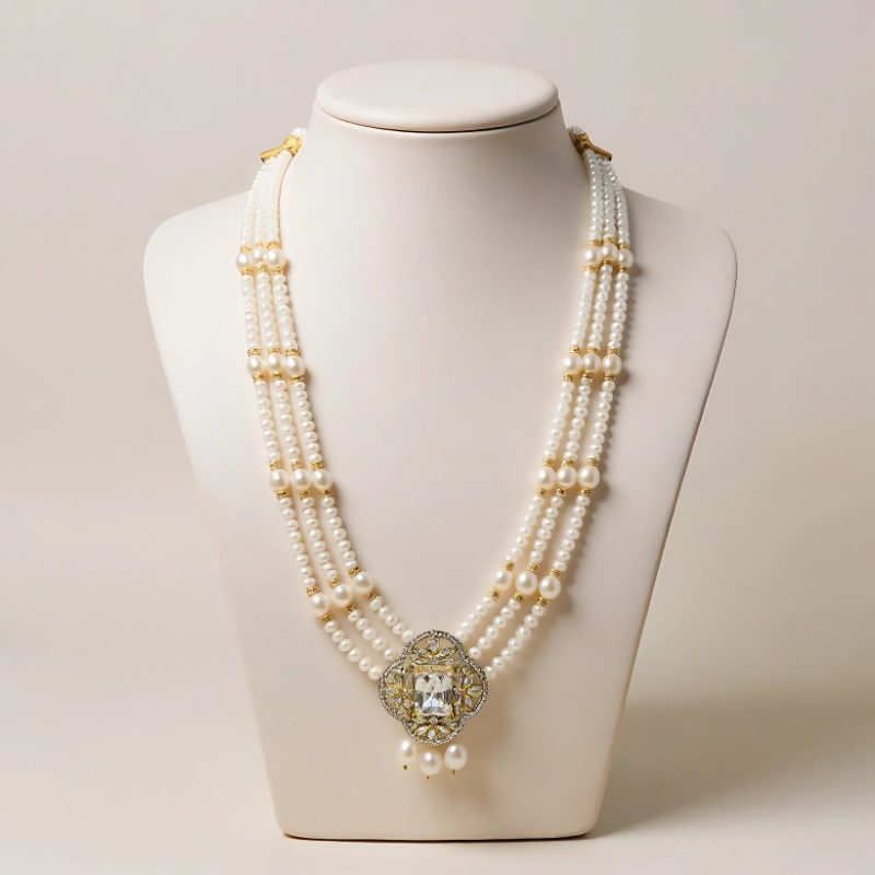 Pearls With Pendent 3 Lines Set