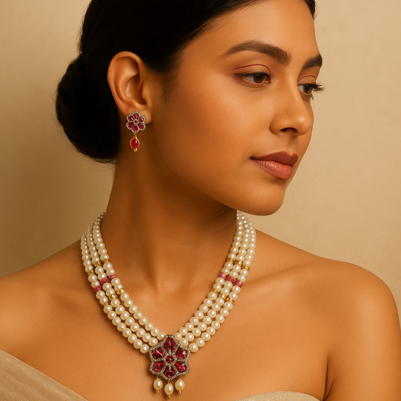 Vermilion Pendant Set- Three Line Ruby Necklace