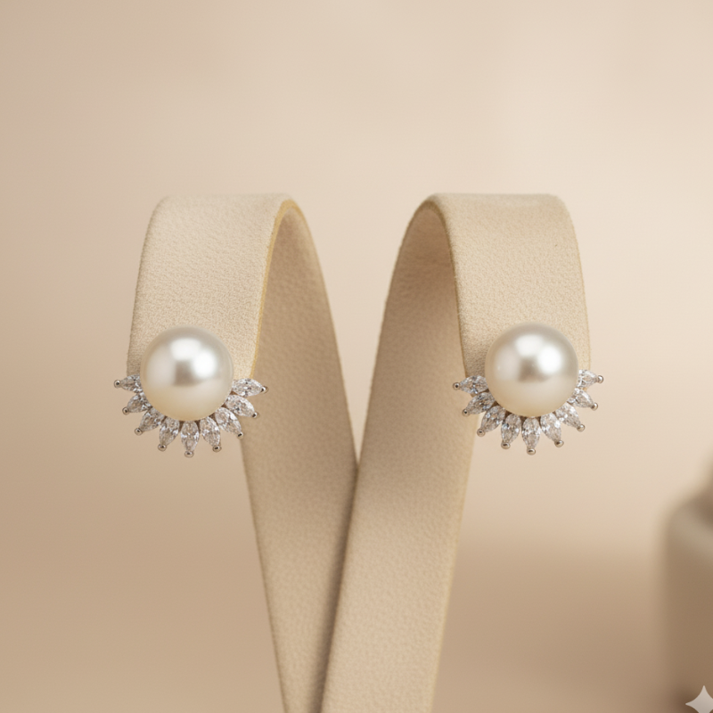 Crescent Pearl Studs-Silver