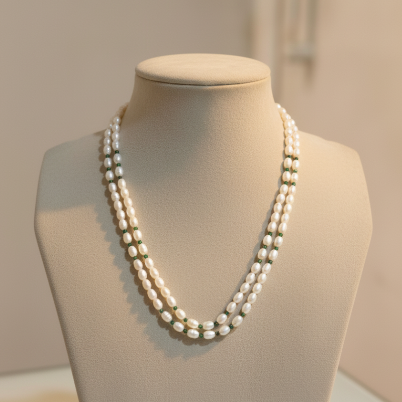 Emerald Hues- Two Line Rice Pearl Mala