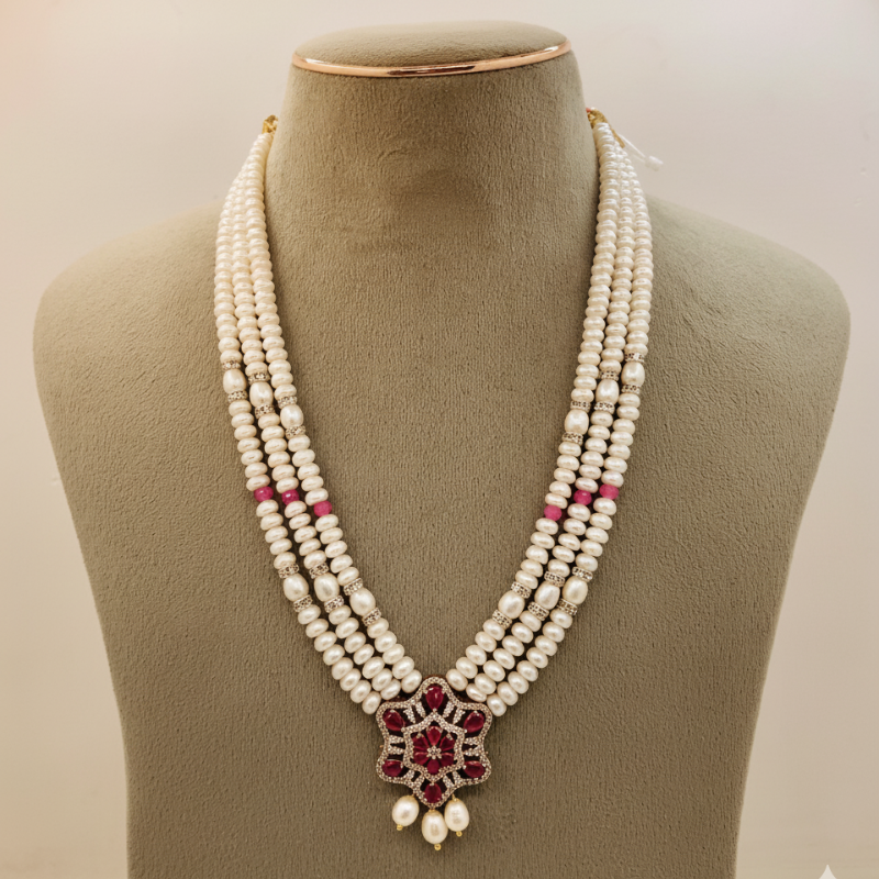 FLAT PEARLS WITH PENDENT 3 LINE SET