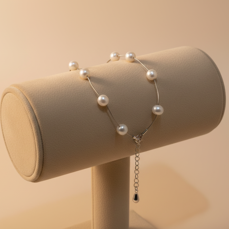 Round Pearls With Silver 1 Lines Bracelet