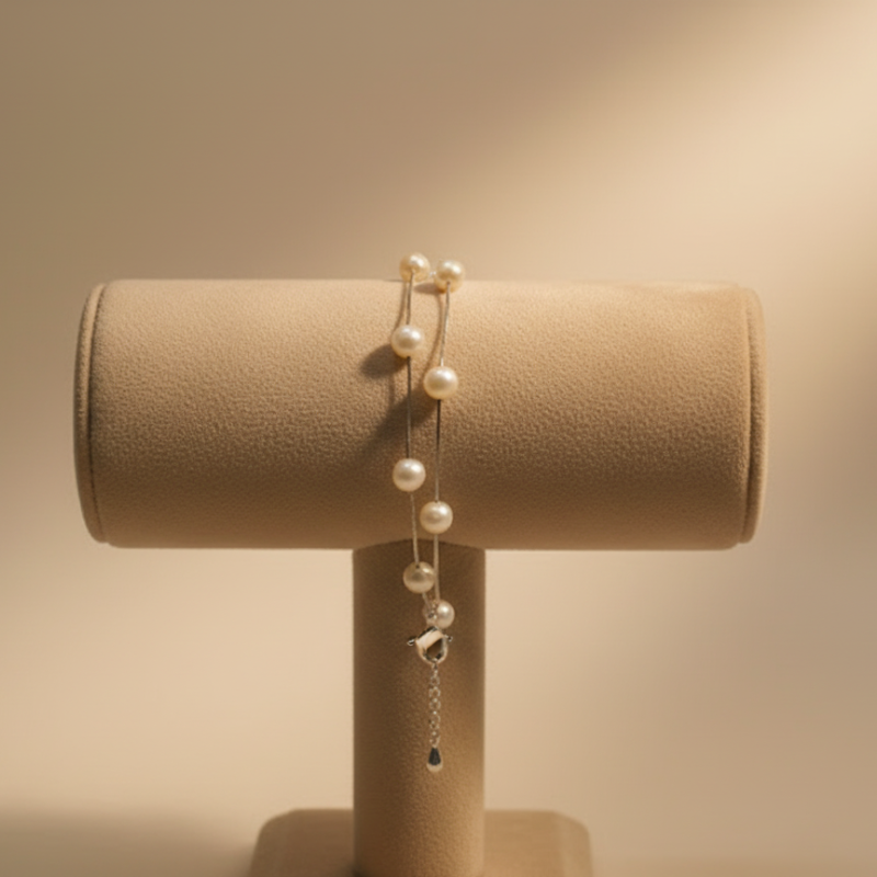 Round Pearls With Silver 2 Lines Bracelet