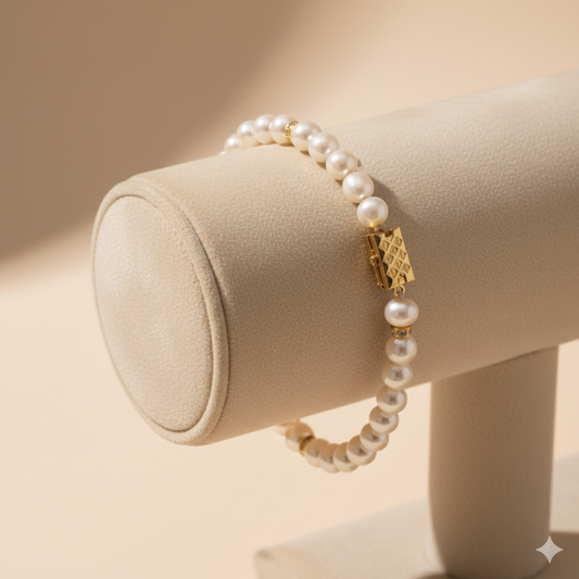 Classic Round Pearl Bracelet with Accent Ring – Single Line