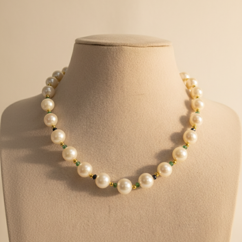 Classic Single Line Mala with Emerald and Gold Beads