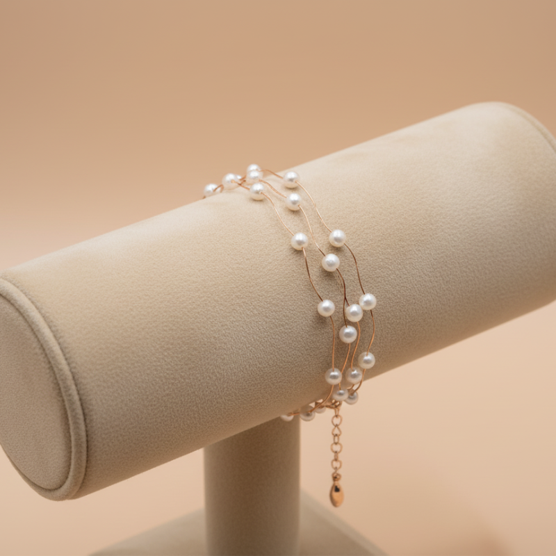 Round Pearls With Silver 3 Lines Bracelet