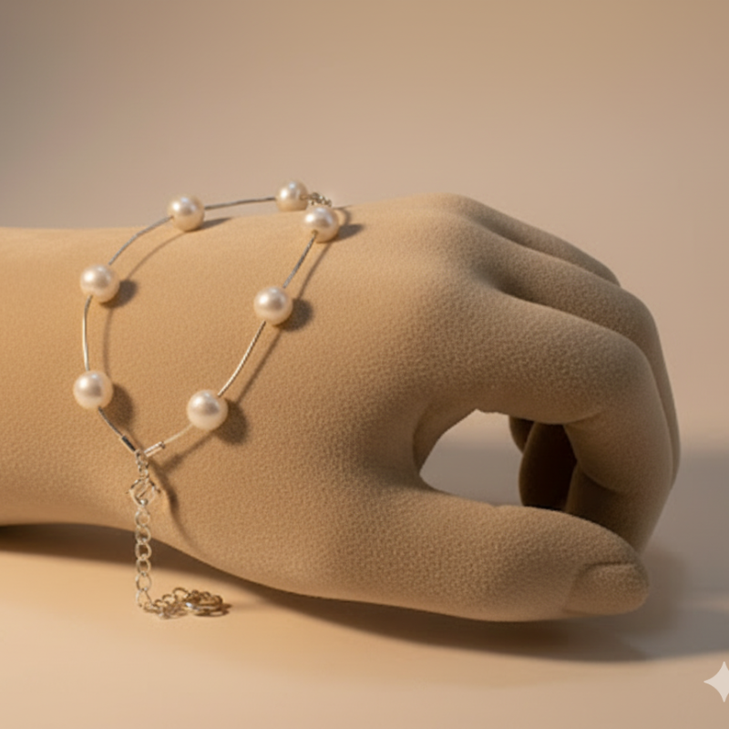 Round Pearls With Silver 1 Line Bracelet