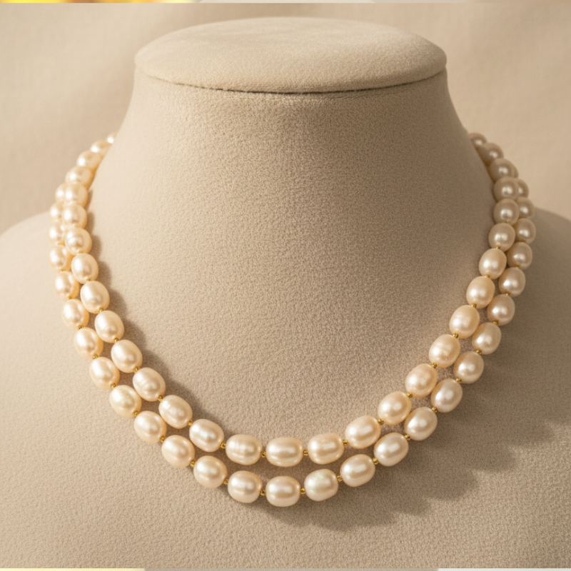 Classic Rice Pearls Mala with Gold Beads