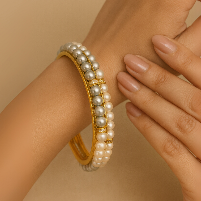 Two-Tone Pearl Bangle – White & Grey Elegance