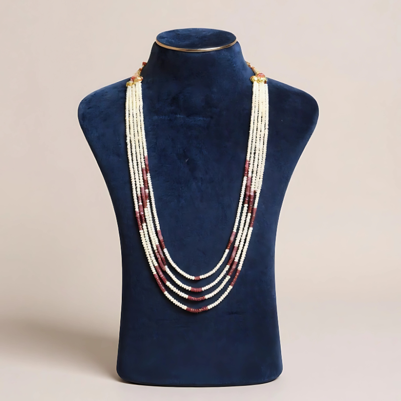 Majestic Five-Line Pearl Mala with Ruby Beads