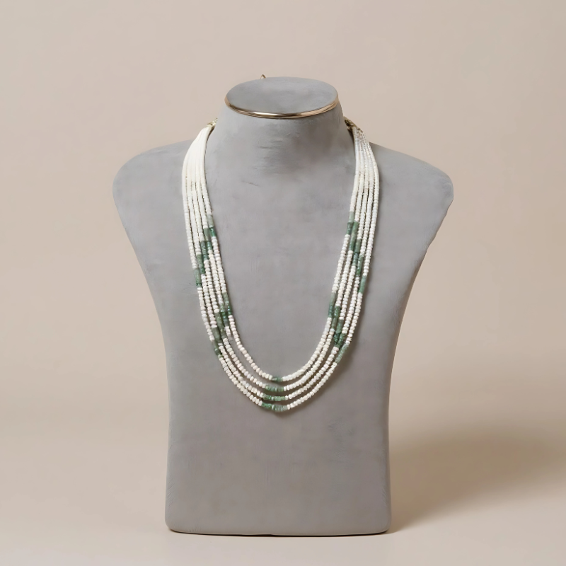 Heritage Five-Line Pearl Mala with Emerald Accents