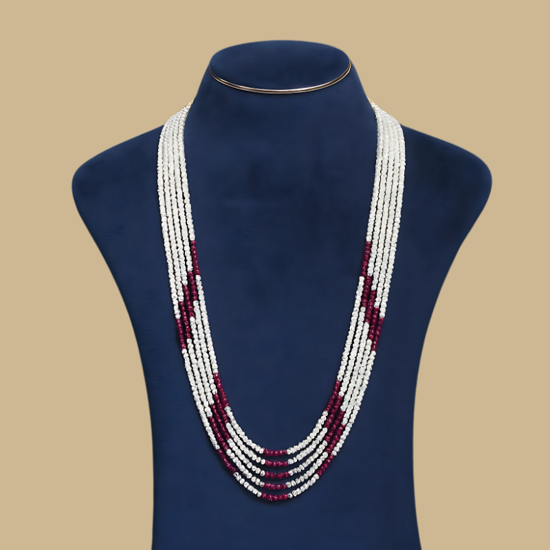 Majestic Five-Line Pearl Mala with Ruby Combination