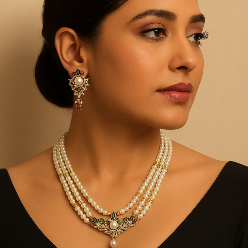 Rani Gulbahar Pearl & Gem Pendant Set –
– Ruby & Emerald Accents