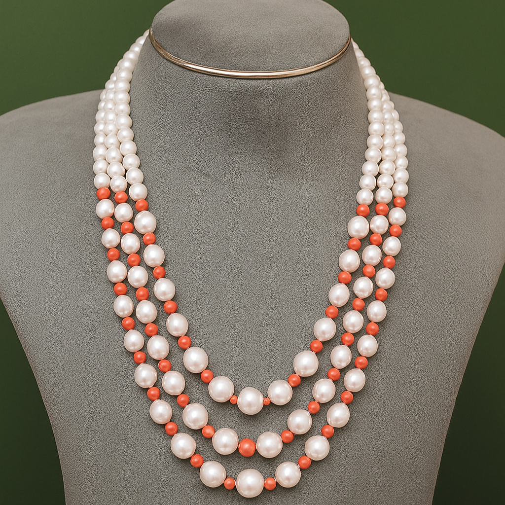 Coral Symphony- Three Line Pearl Mala