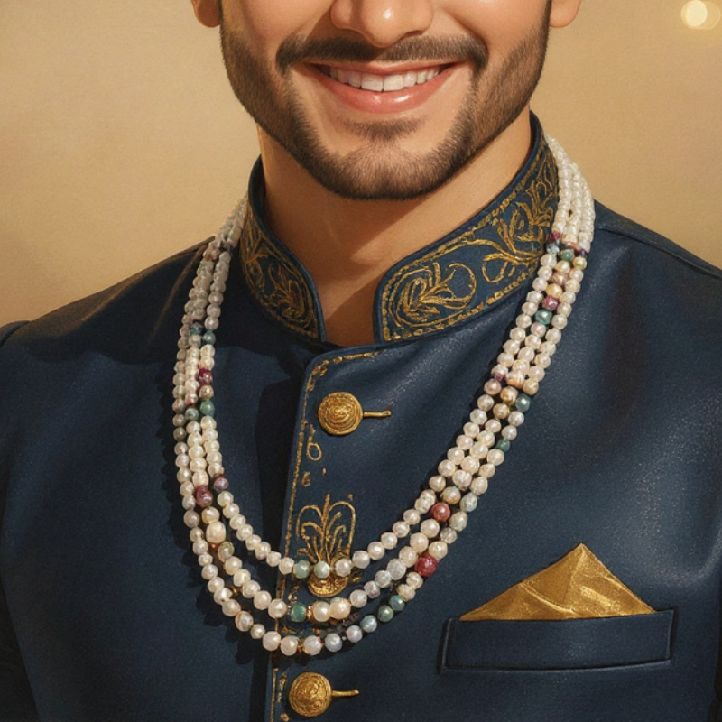 Royal Three-Line Pearl Mala with Bead Combinations