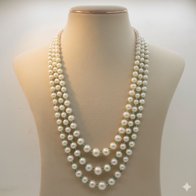 Freshwater Pearl Mala with Emerald Beads