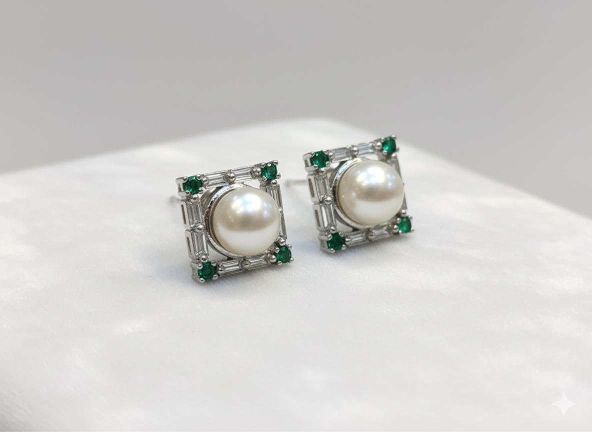 Art Deco Emerald Frame Pearl Studs