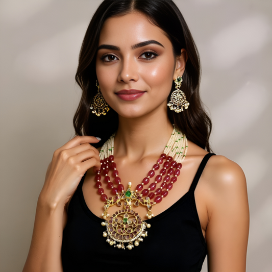 Pearls With Ruby Beads 4 Lines Set