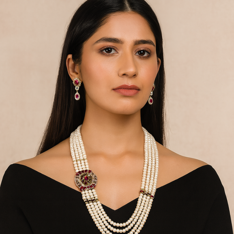 Pearls With Pendent 3 Lines Set