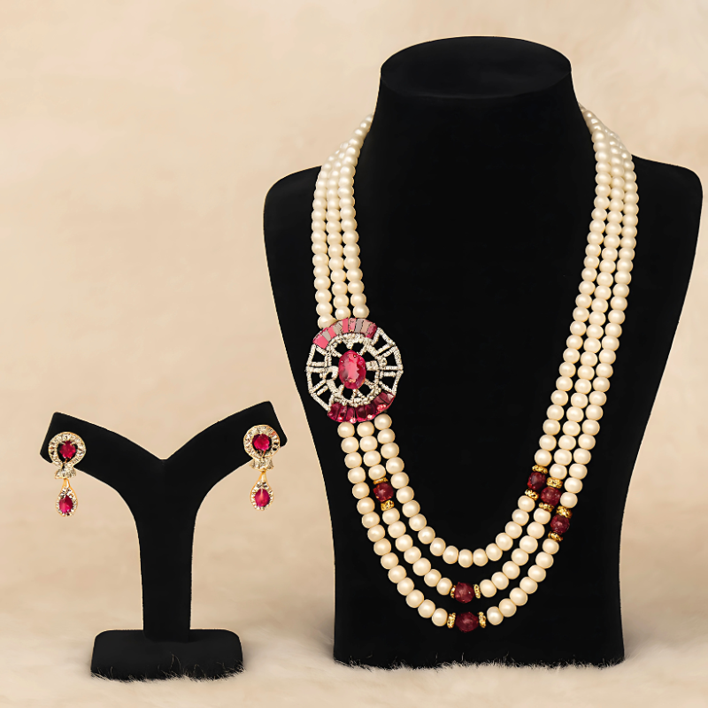 Pearls With Pendent 3 Lines Set