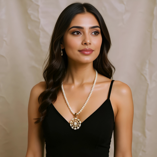 Dahlia Pendant Set - Single Line Flat Pearls Mala