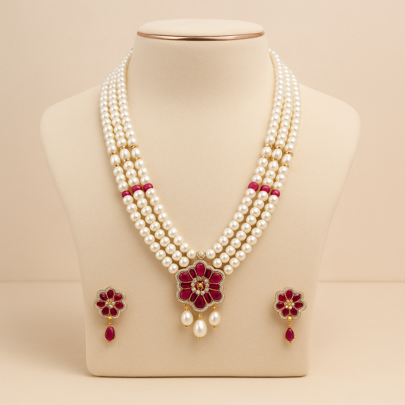 Vermilion Pendant Set- Three Line Ruby Necklace