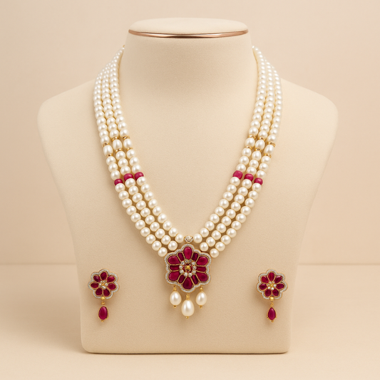 Vermilion Pendant Set- Three Line Ruby Necklace