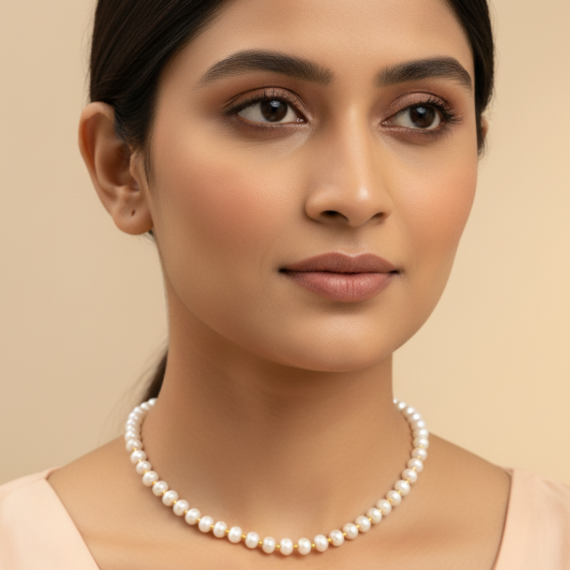 Flat Pearls with Gold Beads – 1 Line Mala