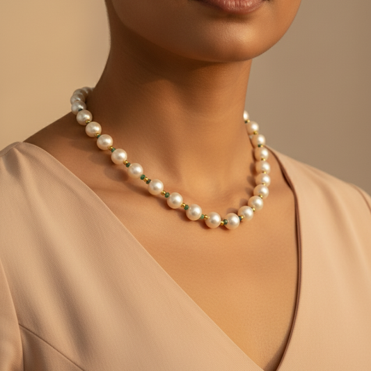 Classic Single Line Mala with Emerald and Gold Beads