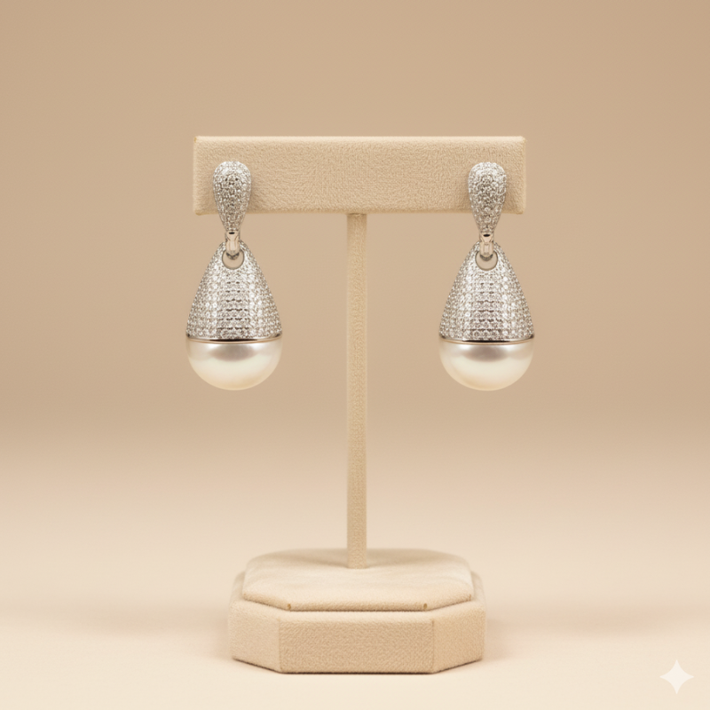 Silver Droplet Tops with Micro-Zircon Detailing & Half-Pearl Drop
