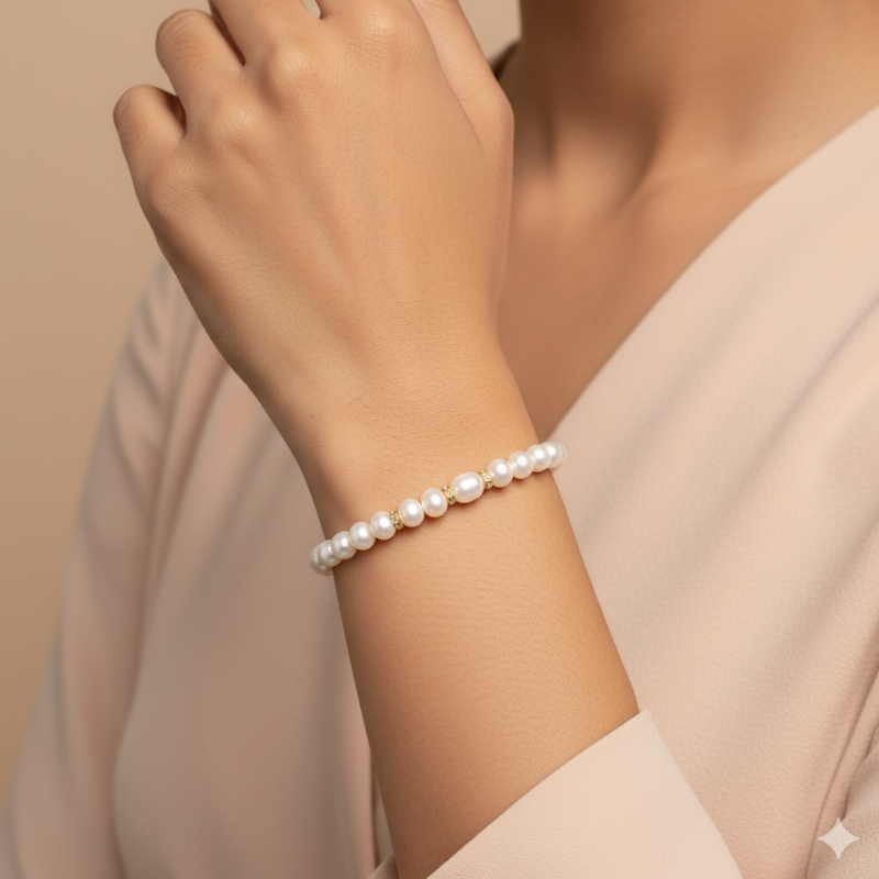 Classic Round Pearl Bracelet with Accent Ring – Single Line