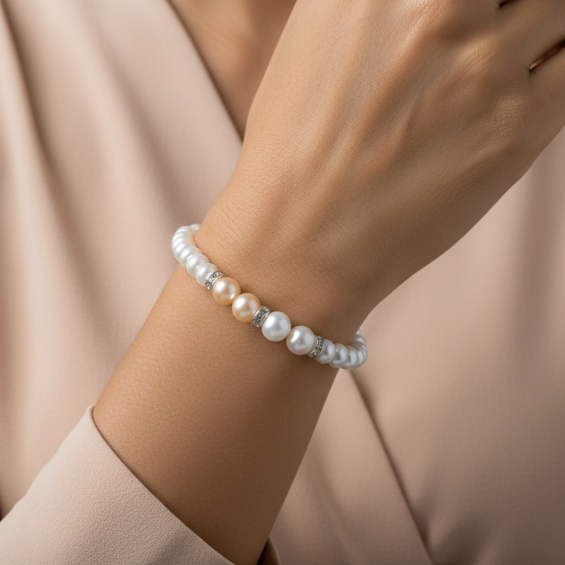 Two-Tone Pearl Bracelet – Single Line Pink Accent