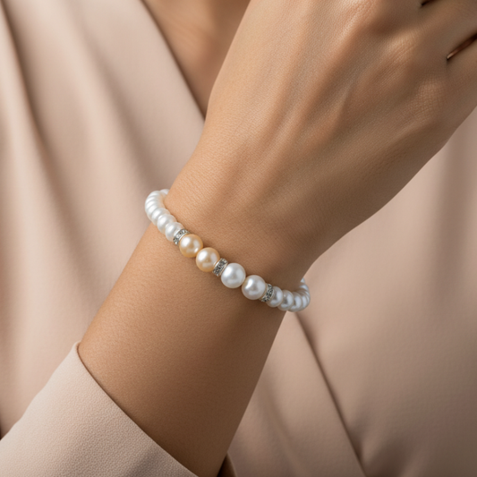 Two-Tone Pearl Bracelet – Single Line Pink Accent
