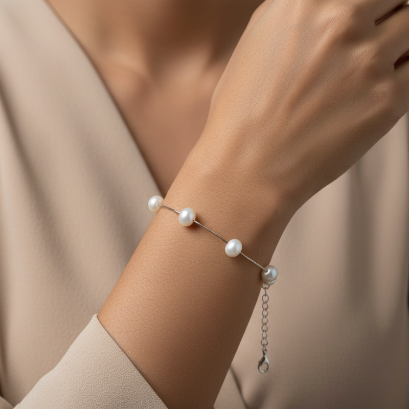 Round Pearls With Silver 1 Line Bracelet
