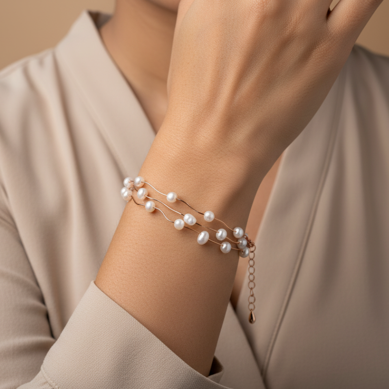 Round Pearls With Silver 3 Lines Bracelet