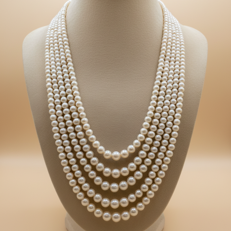 Round Pearls Graduation Mala – 5 Lines