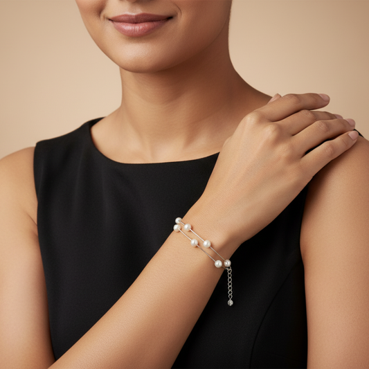 Round Pearls With Silver 2 Lines Bracelet
