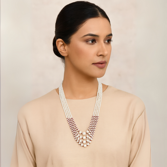 Round Pearls with Ruby Beads – 4 Lines Mala
