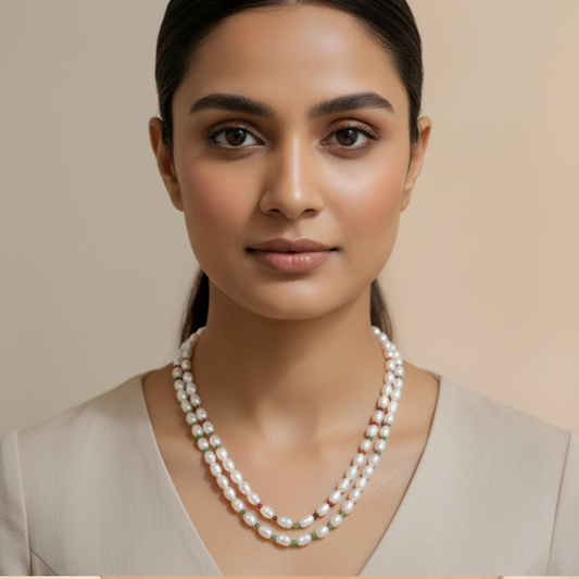 Emerald Hues- Two Line Rice Pearl Mala