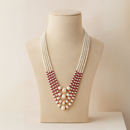 Round Pearls with Ruby Beads – 4 Lines Mala