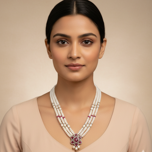 FLAT PEARLS WITH PENDENT 3 LINE SET