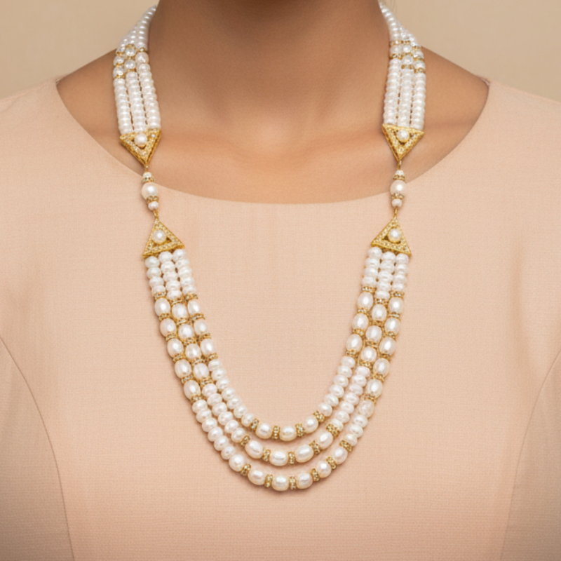 Golden Weave Three Line Pearl Mala