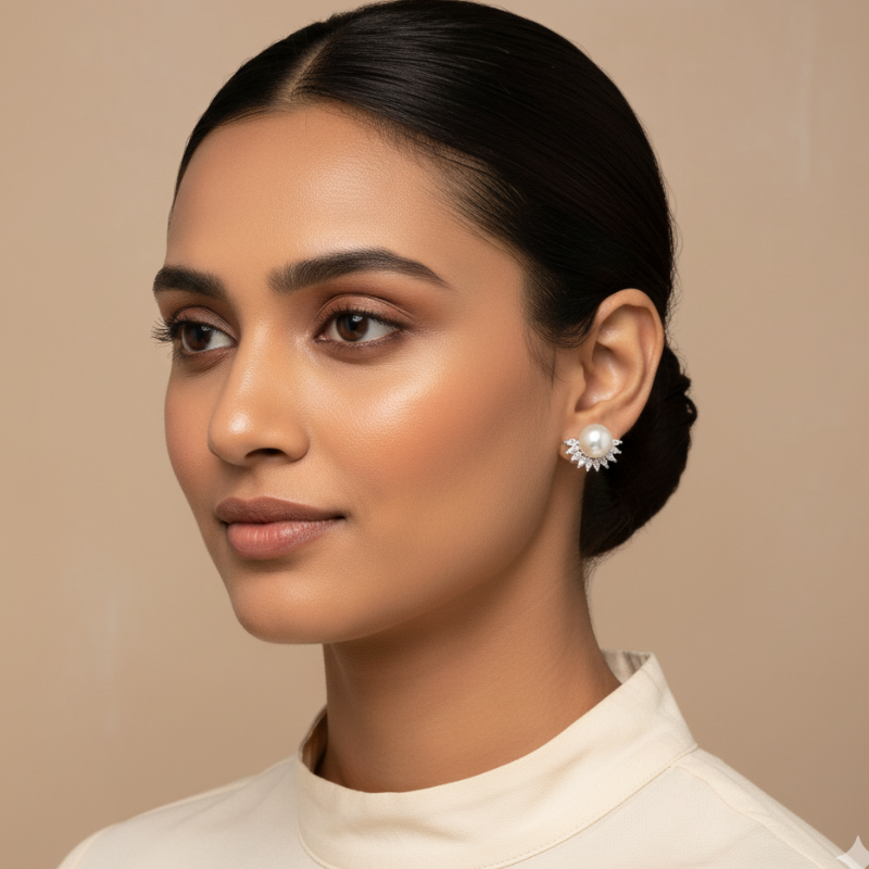 Crescent Pearl Studs-Silver