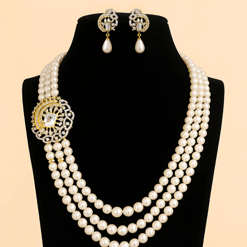 Pearls With Pendent 3 Lines Set