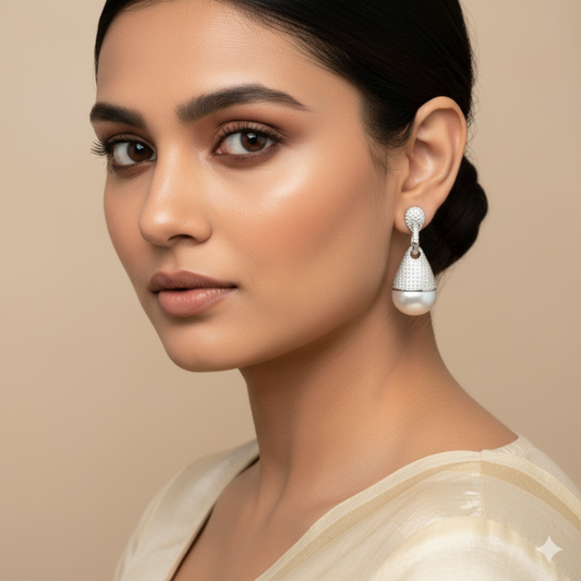 Silver Droplet Tops with Micro-Zircon Detailing & Half-Pearl Drop