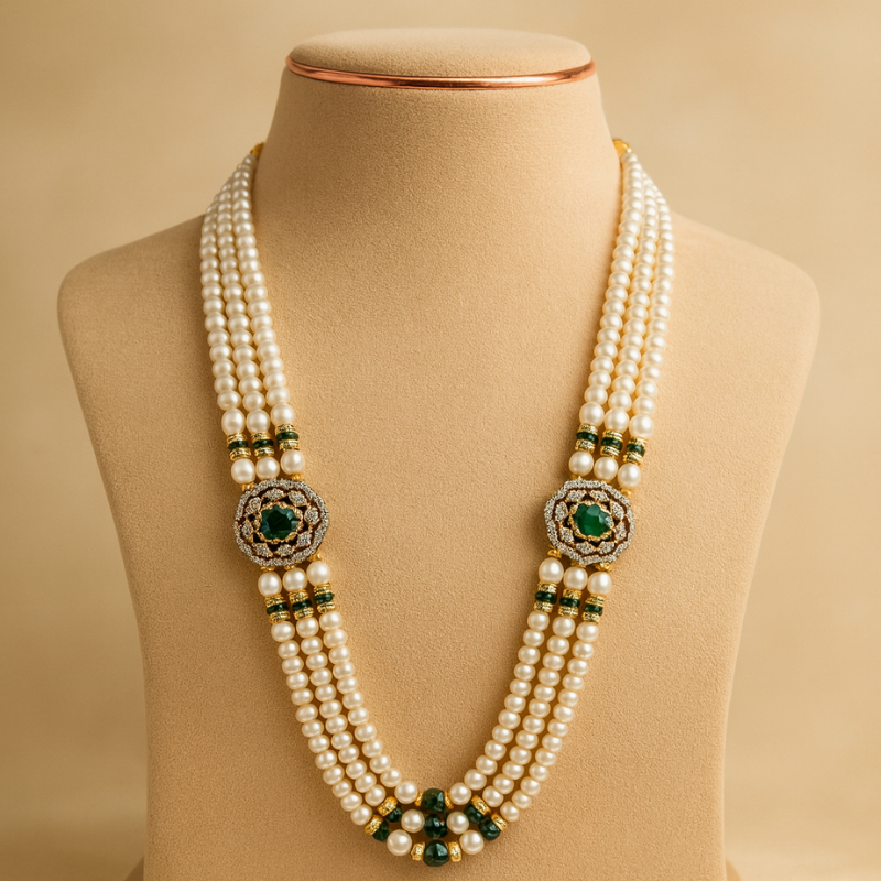 Rajmata Green Oval Pearl Mala Set
