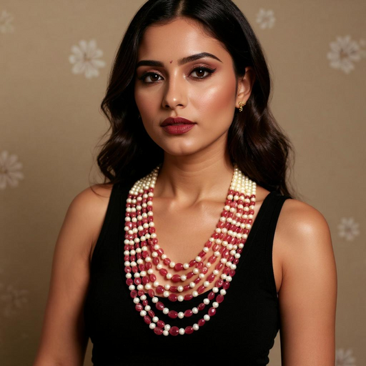 Round Pearls with Ruby Beads – 5 Lines Mala