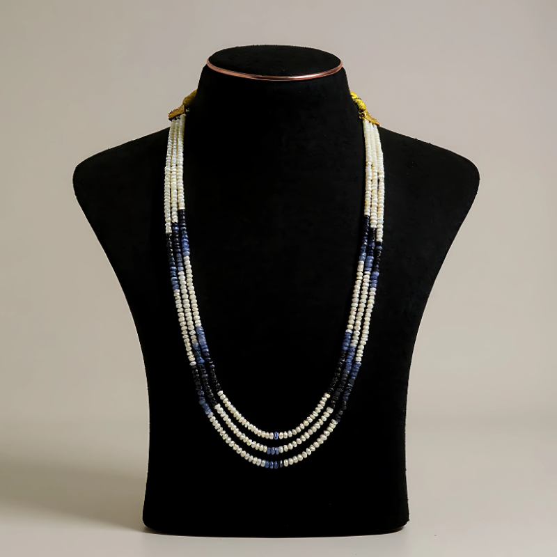 Classic Three-Line Pearl Mala with Blue Beads
