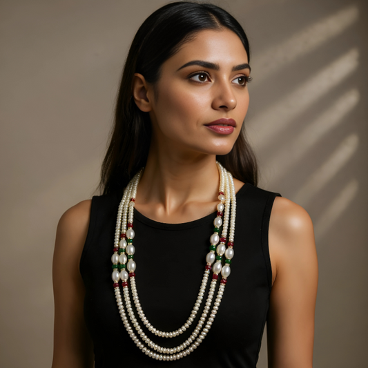 Grand Three-Line Pearl Mala with Rice Accents