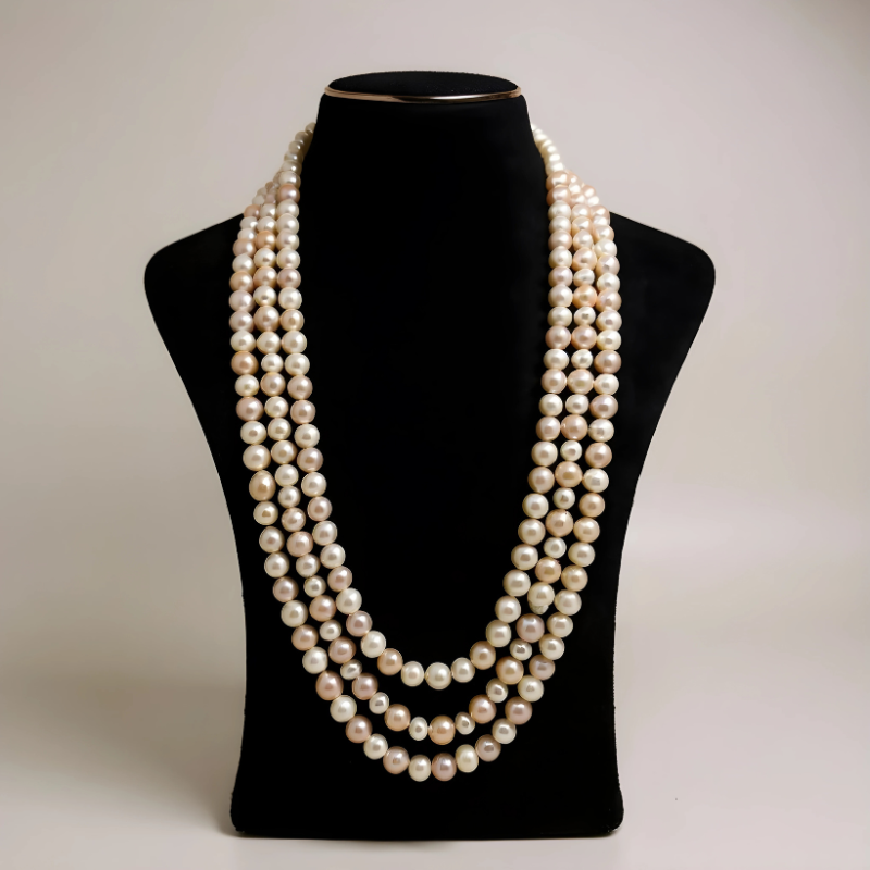 Pink & White Round Pearls 3 Lines Mala
